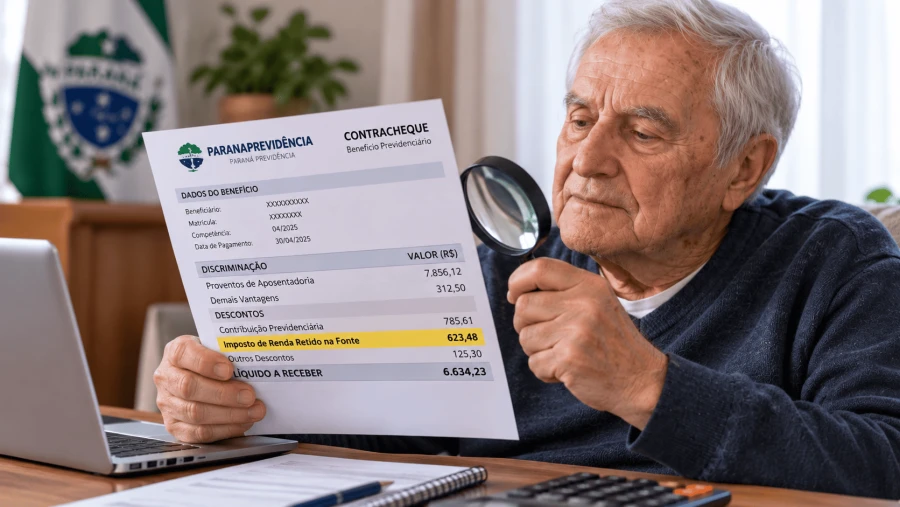 Aposentado do Paraná conferindo o desconto de Imposto de Renda no contracheque da Paranaprevidência