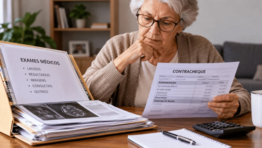 Servidora aposentada confere exames antigos e contracheque para ver se a doença dá isenção de imposto de renda