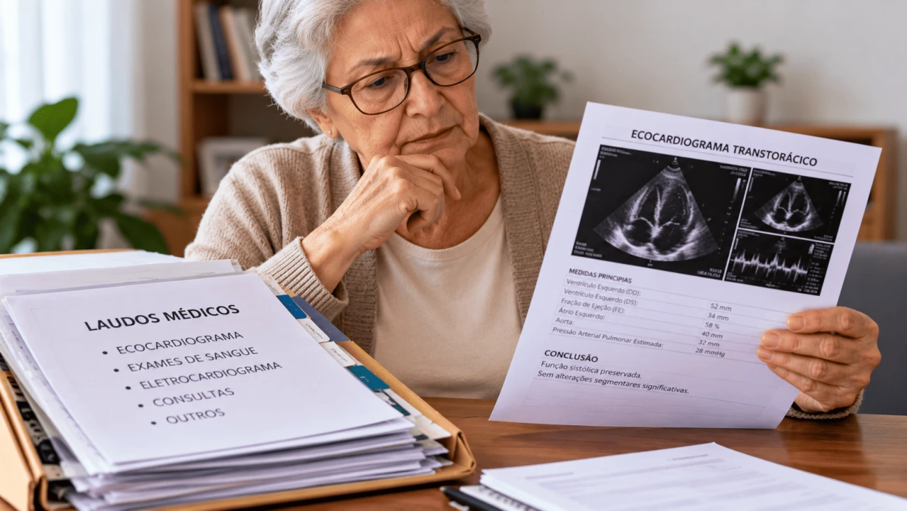 Aposentada confere ecocardiograma e laudos do cardiologista para pedir isenção de imposto de renda por cardiopatia grave