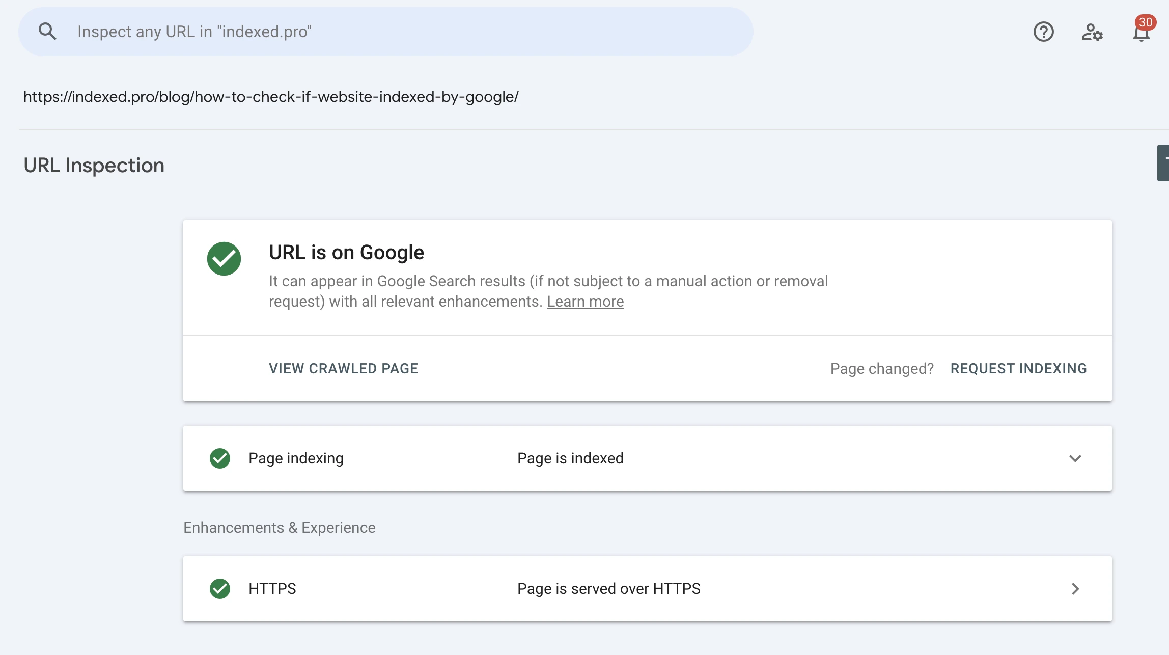 Google Search Console URL inspection tool screem